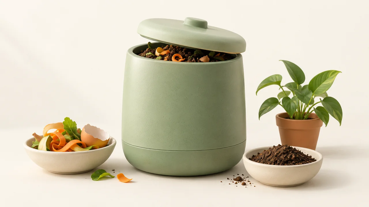 Illustrazione di un contenitore generico per il trattamento microbico degli scarti, con bucce vegetali, materiale terroso e una pianta in vaso.